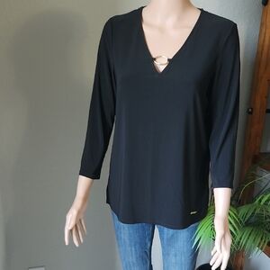 Jones New York Black V-Neck Blouse with Gold Accent
